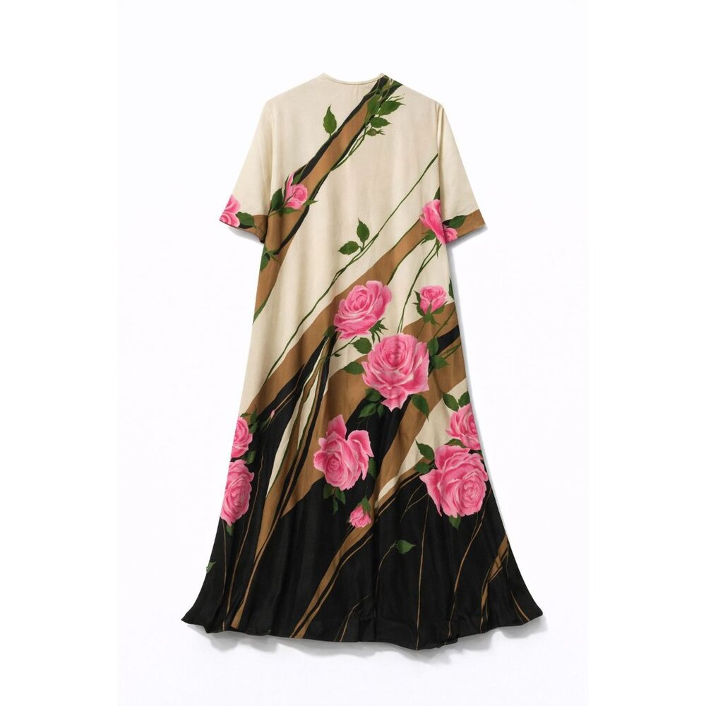 Vintage 1960s Butterfield 8 Big Flower Rose Half Zip House Robe Kaftan Dress, M - Picture 7 of 7